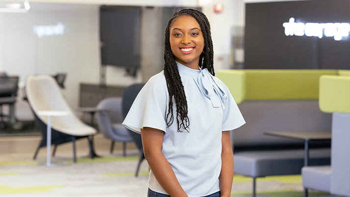 Kellogg student Ashley Abraham, pictured in the campus startup incubator, The Garage