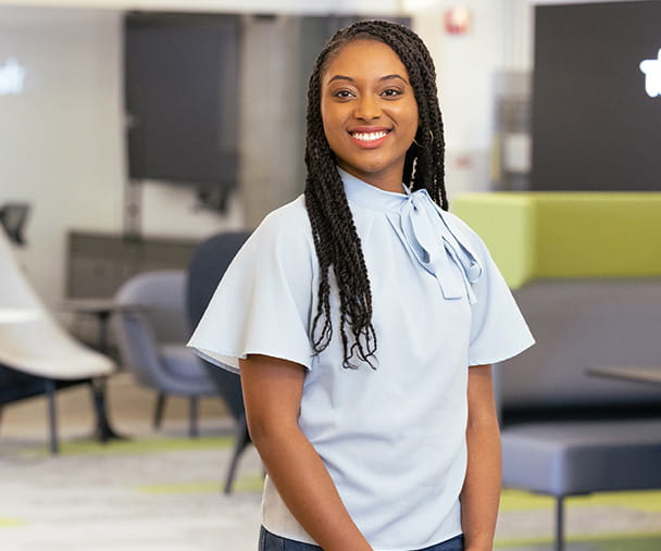 Kellogg student Ashley Abraham, pictured in the campus startup incubator, The Garage