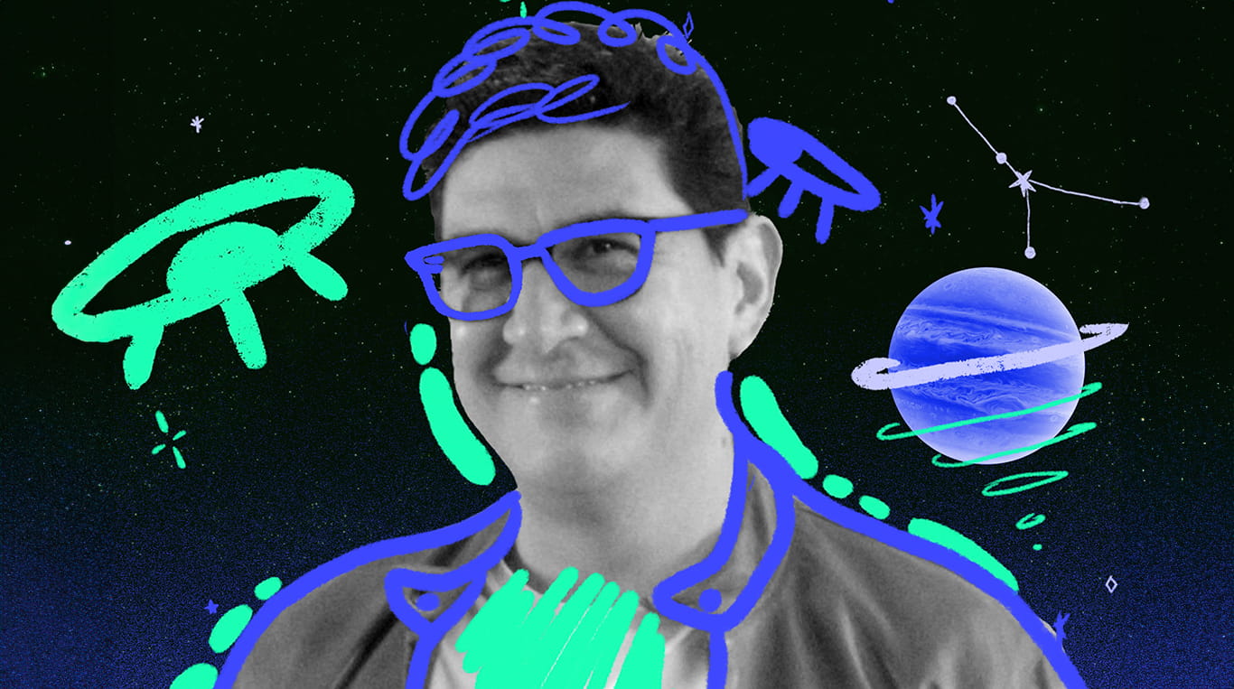 Photo of alumnus Andres Ramiro Paredes, overlaid with colorful illustrations of planets and spaceships in neon colors.